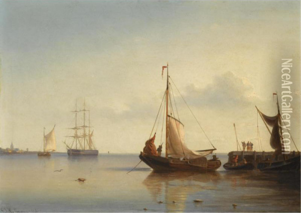 Sailing Boats Near A Jetty Oil Painting - Georges Johannes Hoffmann
