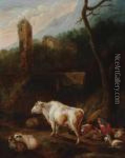 Rastendes Hirtenpaar Mit Vieh In Ruinenlandschaft Oil Painting - Johan Heinrich Roos