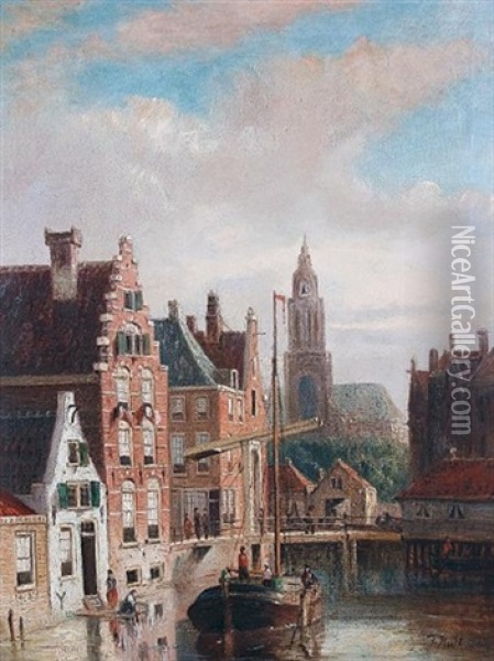 Dutch Canal Scenes (pair) Oil Painting - John Frederik Hulk the Younger