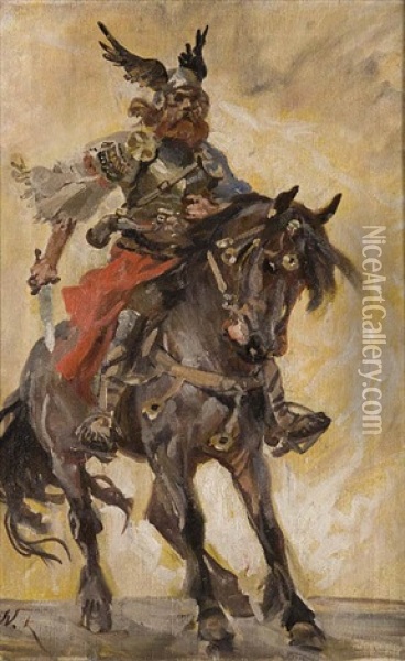 Wojownik Na Koniu Oil Painting - Woiciech (Aldabert) Ritter von Kossak