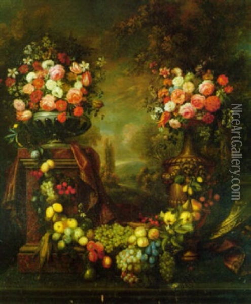 A Garland Of Fruit Draped Between A Pedestal With An Urn Of Flowers And A Large Vase With Flowers, In A Landscape Oil Painting - Jan Pauwel Gillemans The Elder