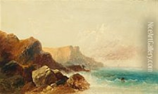 Rocky Coast With A Fisher Oil Painting - Andreas Achenbach