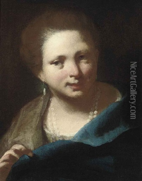 Portrait Of A Lady In A Blue Dress And Pearls Oil Painting - Domenico Maggiotto
