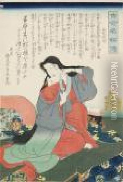 Tokiwa Gozen Kleedt Zich Aan Oil Painting - Kunisada