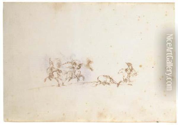 A Cavalry Skirmish: Three Horsemen And A Dead Horse, After Jacquescallot Oil Painting - Stefano della Bella