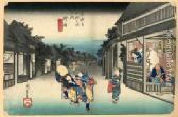 Les 53 Stations Du Tokaido, Goyu, Tabibito Tome-onna Oil Painting - Utagawa or Ando Hiroshige