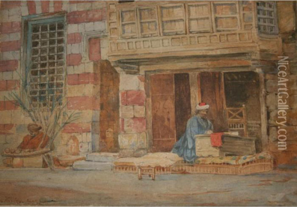 Two Arab Figures Before A House Oil Painting - Edgar John Varley
