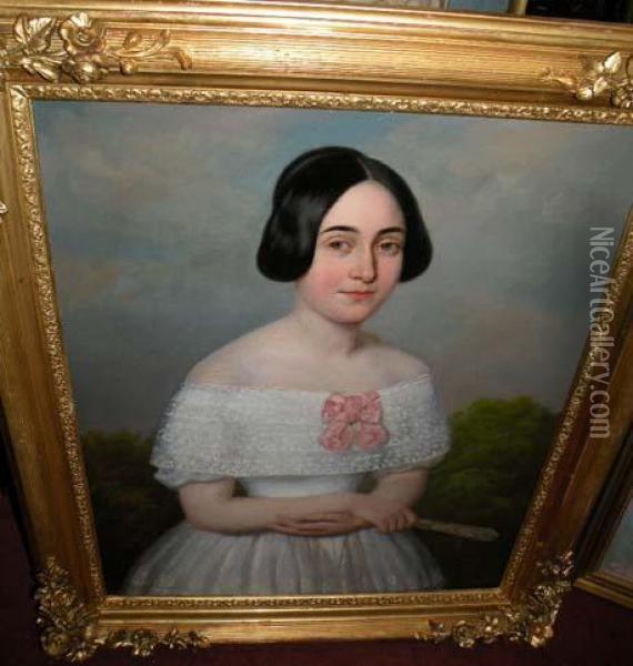 Portrait De Femme A La Robe Blanche Oil Painting - Rene Cadeau
