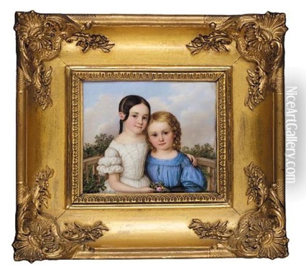 Portrait Of The Artist's Children, The Two Girls Half Length And Seated On A Bench, One With Brown Hair Plaited And Upswept, Wearing A White Dress, The Other With Blonde Hair Oil Painting - Jacob Spelter