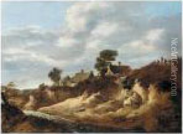 A Dune Landscape With Figures On The Brow Of A Hill Near Some Cottages Oil Painting - Cornelis van Zwieten