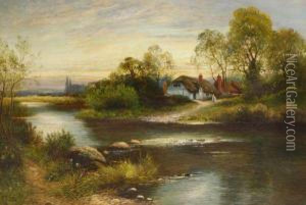 Figures By A Riverside Cottage Oil Painting - Daniel Sherrin