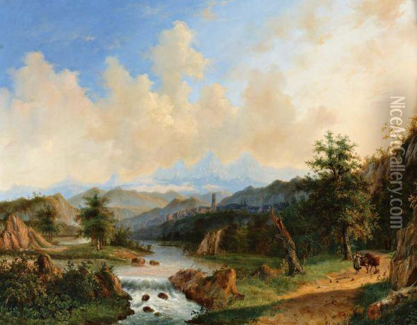Riviervallei In Weids Heuvellandschap; Op De Voorgrond Een Boerin Met Pakezel Oil Painting - Jacobus Hendricus J. Nooteboom