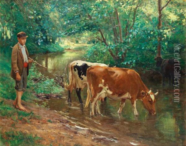 Young Herdsman With Cattle Oil Painting - Carl Tragardh