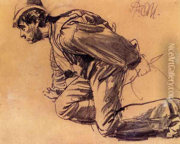 Study Of A Laboror Oil Painting - Adolph von Menzel
