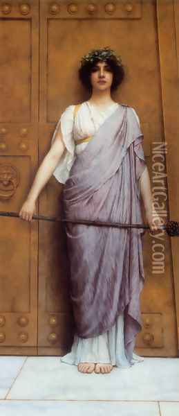 At the Gate of the Temple (or The Priestess of Bacchus) Oil Painting - John William Godward