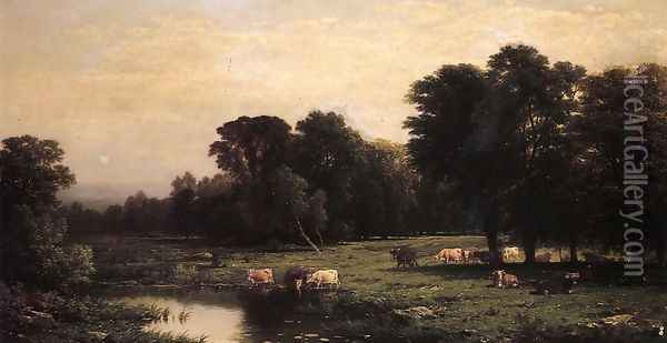 Bucolic Landscape with Cows Oil Painting - John William Casilear