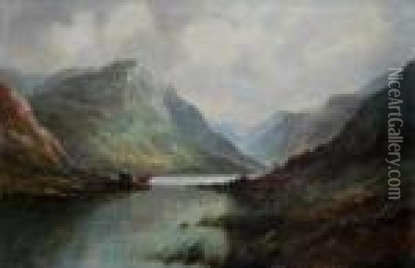 Cattle Watering In A Highland Loch Oil Painting - Daniel Sherrin