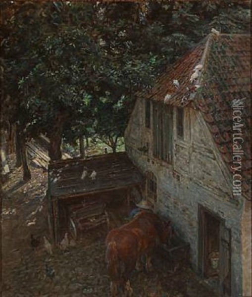 The Horse Is Being Watered At A White Farm Oil Painting - Viggo Johansen