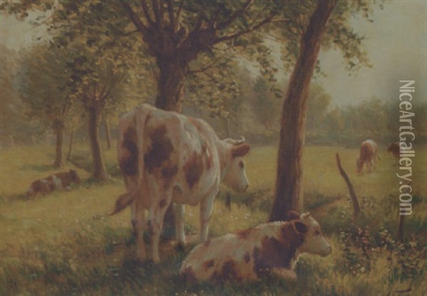 Cattle In A Sunlit Meadow Oil Painting - Albert Caullet