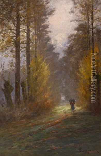 Herbstlicher Waldweg Mit Reisigsammlerin Oil Painting - Emily Lengnick