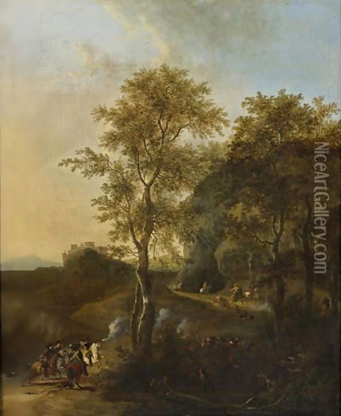 Rocky Landscape With A Cavalry Skirmish Oil Painting - Frederick De Moucheron