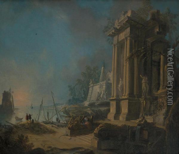Paysage De Port Mediterraneen Oil Painting - Jacques de Lajoue