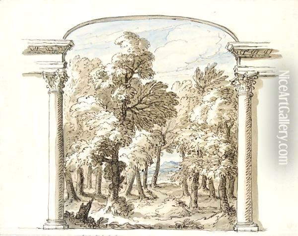 A Classical Landscape Seen Through An Arch Oil Painting - Sir James Thornhill