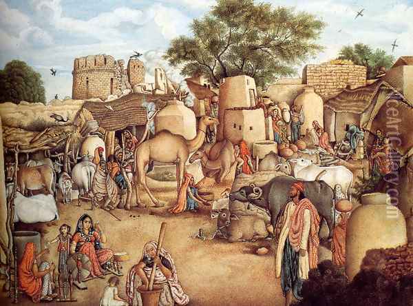 A Village Scene In The Punjab Oil Painting - Gulam Ali Khan