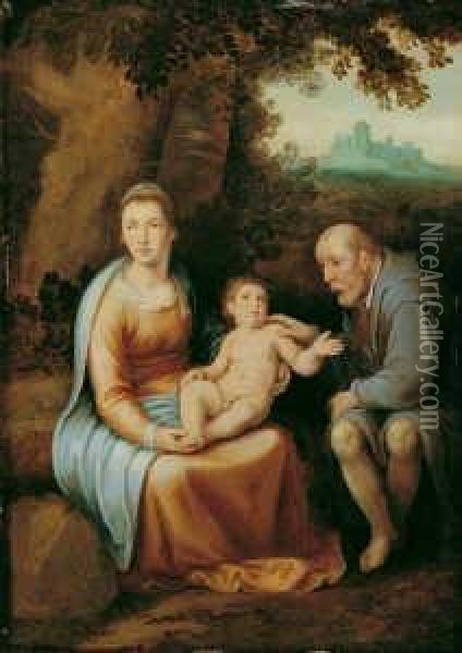 Die Heilige Familie. Im Hintergrund Bewaldete Landschaft. Oil Painting - Cornelis Van Poelenburch