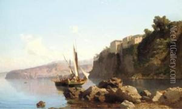 Fishing Vessels Drying Their Sails Off The Coast Of Capri Oil Painting - Alessandro la Volpe