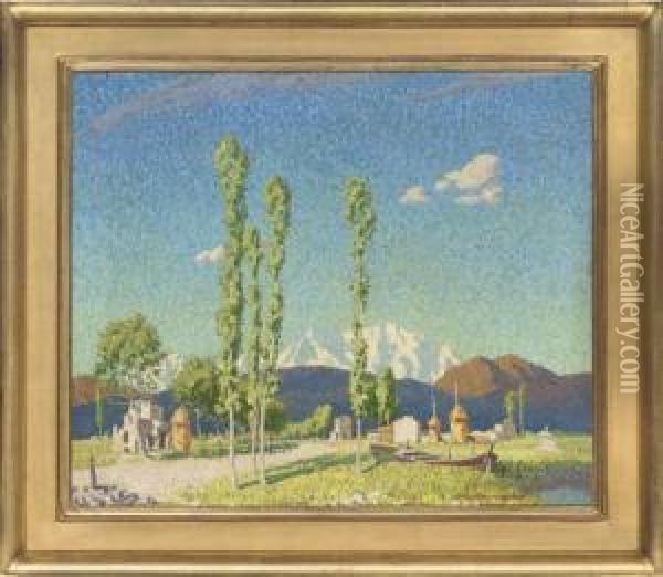 A Summer Landscape With Snow Capped Mountains In The Distance Oil Painting - Reginald St. Clair Marston