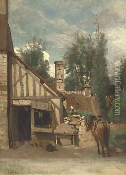Cour d'une petite ferme Normande Oil Painting - Jean-Baptiste-Camille Corot
