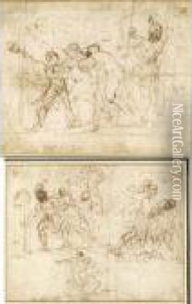 A Double-sided Sketch Sheet With Scenes Of St. Roch Taken To Prison Oil Painting - Guercino