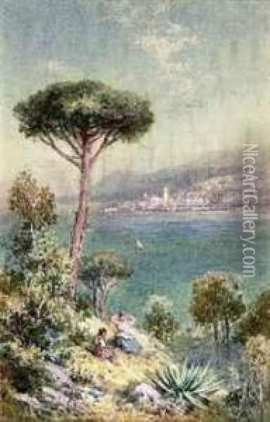 Distant View Of Mentone, South France - Evening (illustrated) Oil Painting - Charles Rowbotham