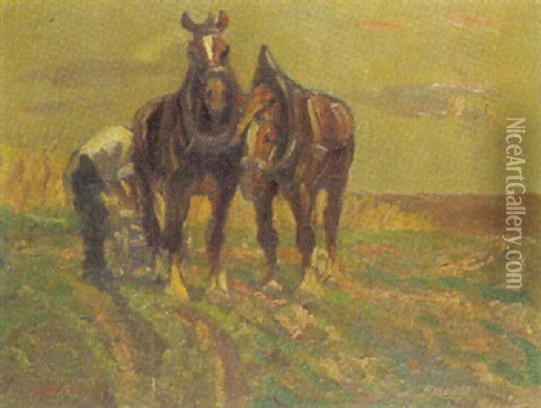 Pferdegespann Auf Der Weide Oil Painting - Richard Herdtle