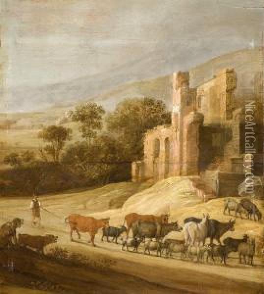 Vacher Menant Son Troupeau Dans Un Paysage De Ruines Antiques Oil Painting - Willem van, the Younger Nieulandt