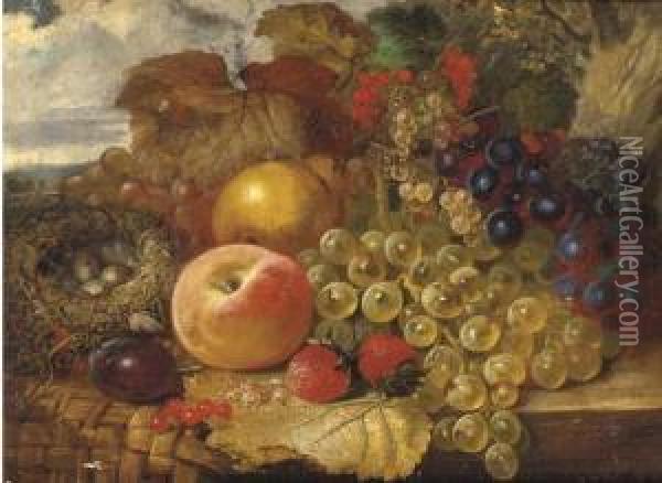 Grapes, Strawberries, A Peach, A Pear, Red And Whitecurrants With A Bird's Nest On A Ledge Oil Painting - James Charles Ward