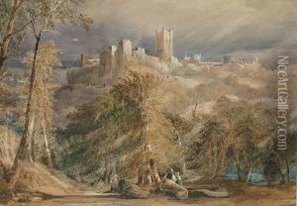 Evening Sun Over Richmond Castle, Yorkshire Oil Painting - Thomas Miles Richardson