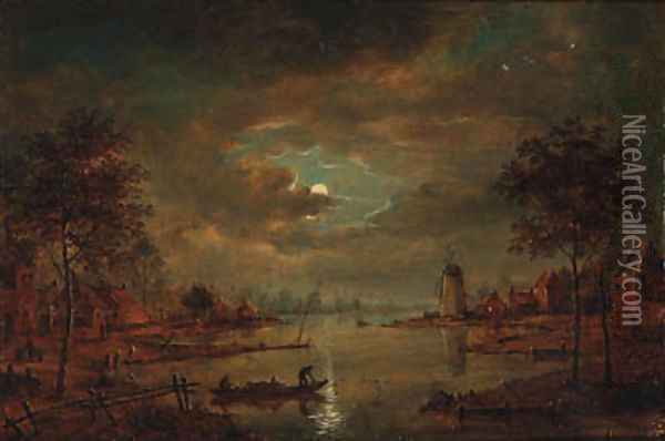 A moonlit river landscape with figures in a boat, a windmill beyond Oil Painting - Aert van der Neer