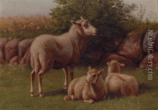 A Ewe With Her Lambs Oil Painting - Andreas Peter Madsen