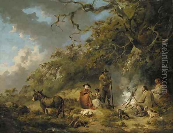 Gypsies around a camp fire in a woodland clearing Oil Painting - George Morland