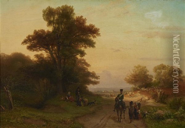 Country Road And People Oil Painting - Friedrich Eduard Meyerheim