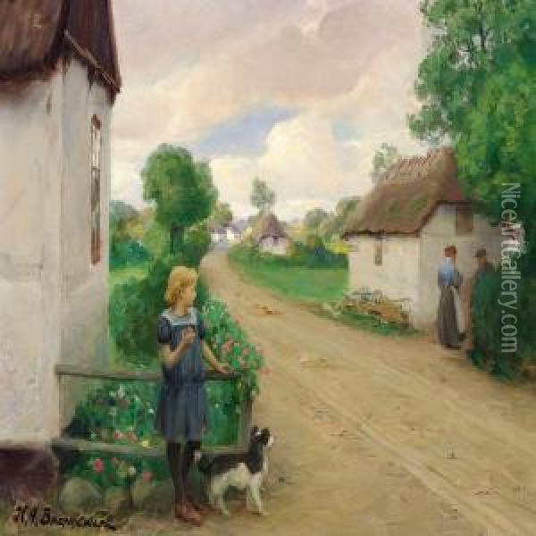Village Street With A Girl At A White Cottage Oil Painting - H. A. Brendekilde