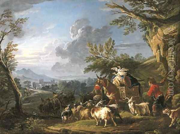 A landscape with travelers and a drover with his herd of goats on a path, a town beyond Oil Painting - Francesco Giuseppe Casanova