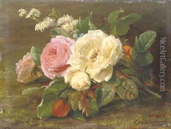 A bunch of pink and white roses Oil Painting - Geraldine Jacoba Van De Sande Bakhuyzen