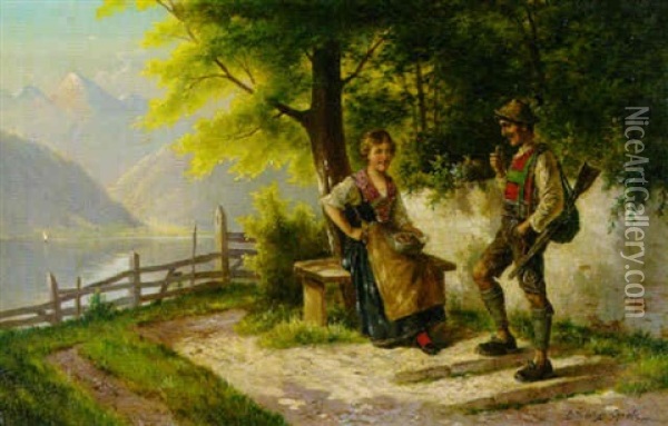 Jager Und Dirndl Am Ufer Des Gebirgssees Oil Painting - Carl Ostersetzer