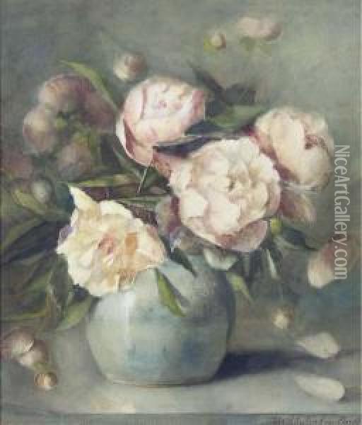 Peonies In A Vase Oil Painting - Adri Bleulandt Van Oordt
