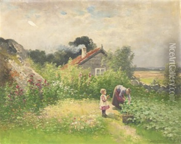 Blommande Kokstradgard Med Husfru Och Barn Oil Painting - Johan Severin Nilsson