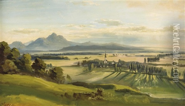 Blick Vom Monchsberg Richtung Liefering, Im Hintergrund Der Hohe Stauffen Oil Painting - Josef Mayburger
