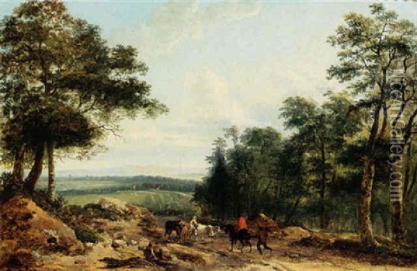 A Wooded Landscape With A Shepherdess And Her Cattle On A Path Together With A Horseman Oil Painting - Lazare (Eleazard) Bruandet